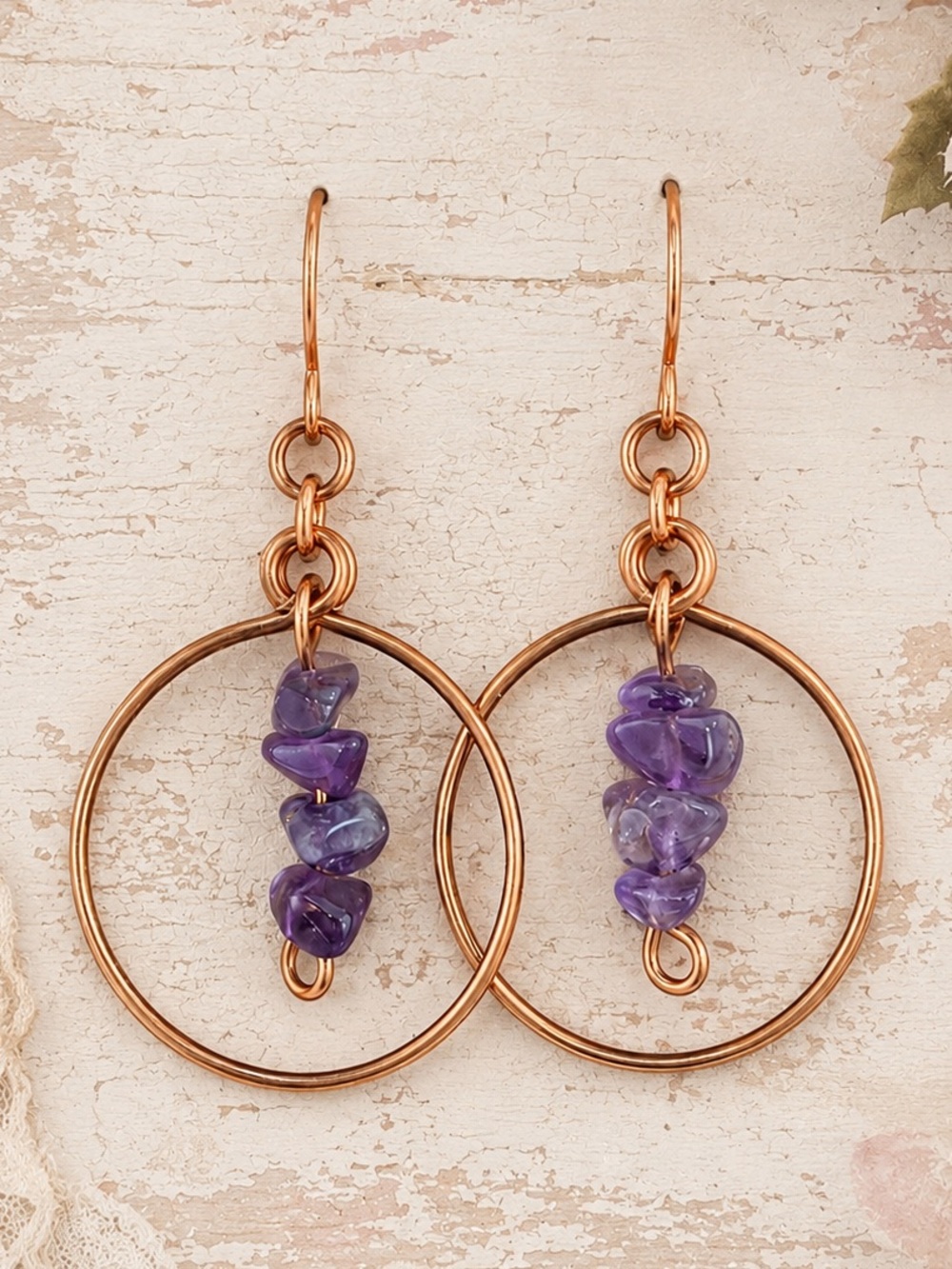 Hand Crafted Copper Hoop Earrings with Purple Amethyst Chip Beads